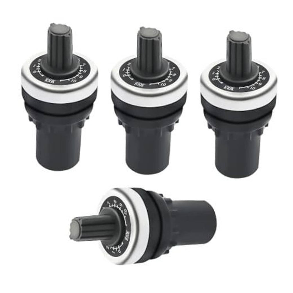 Set of rotary speed potentiometers with black housings and silver dial knobs