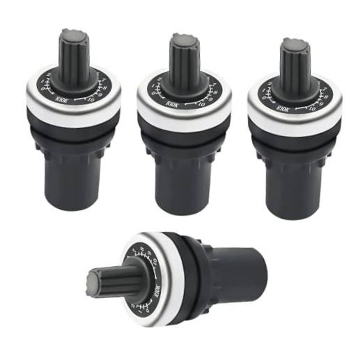 Set of rotary speed potentiometers with black housings and silver dial knobs