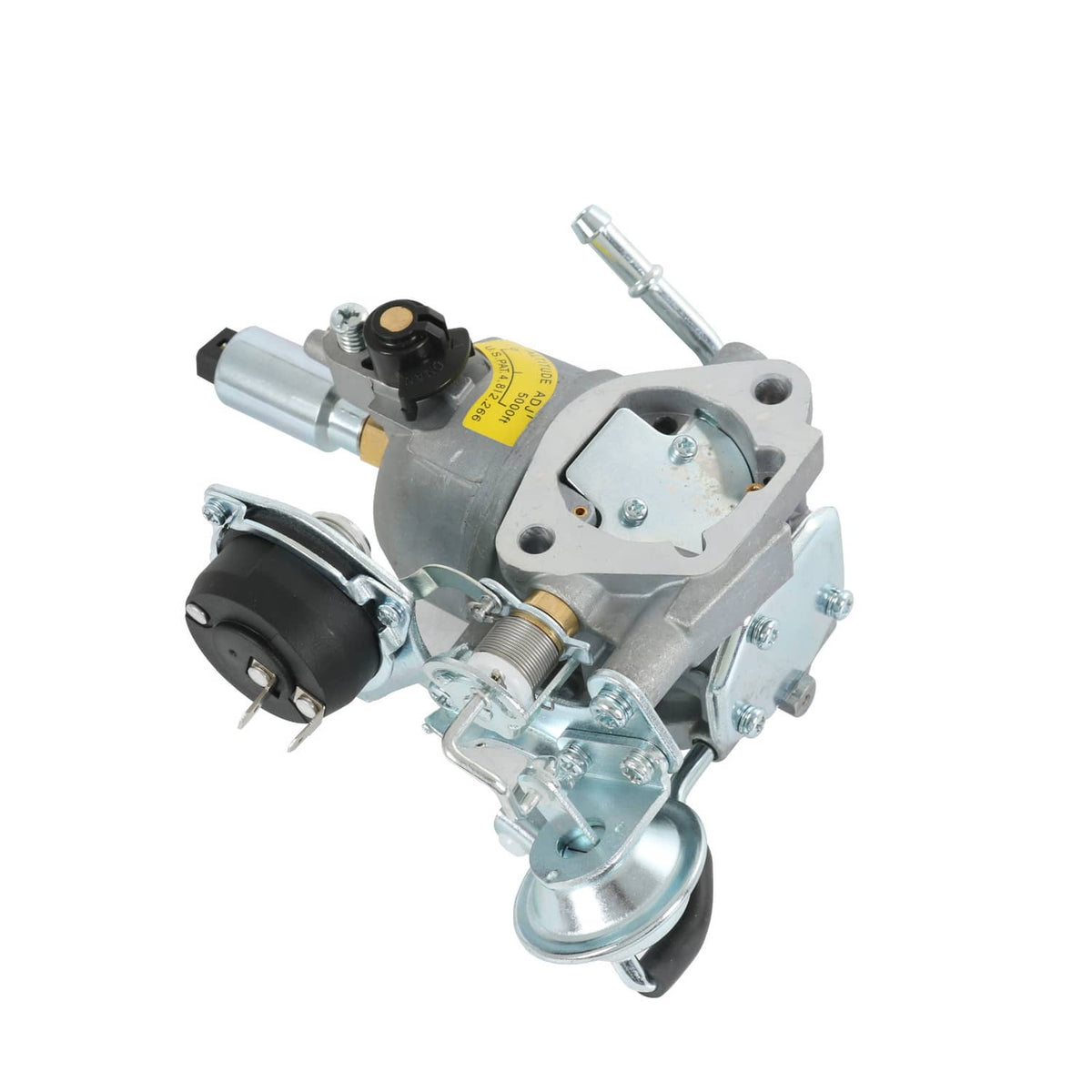 Small engine carburetor assembly with fuel inlet and black vacuum/air valve