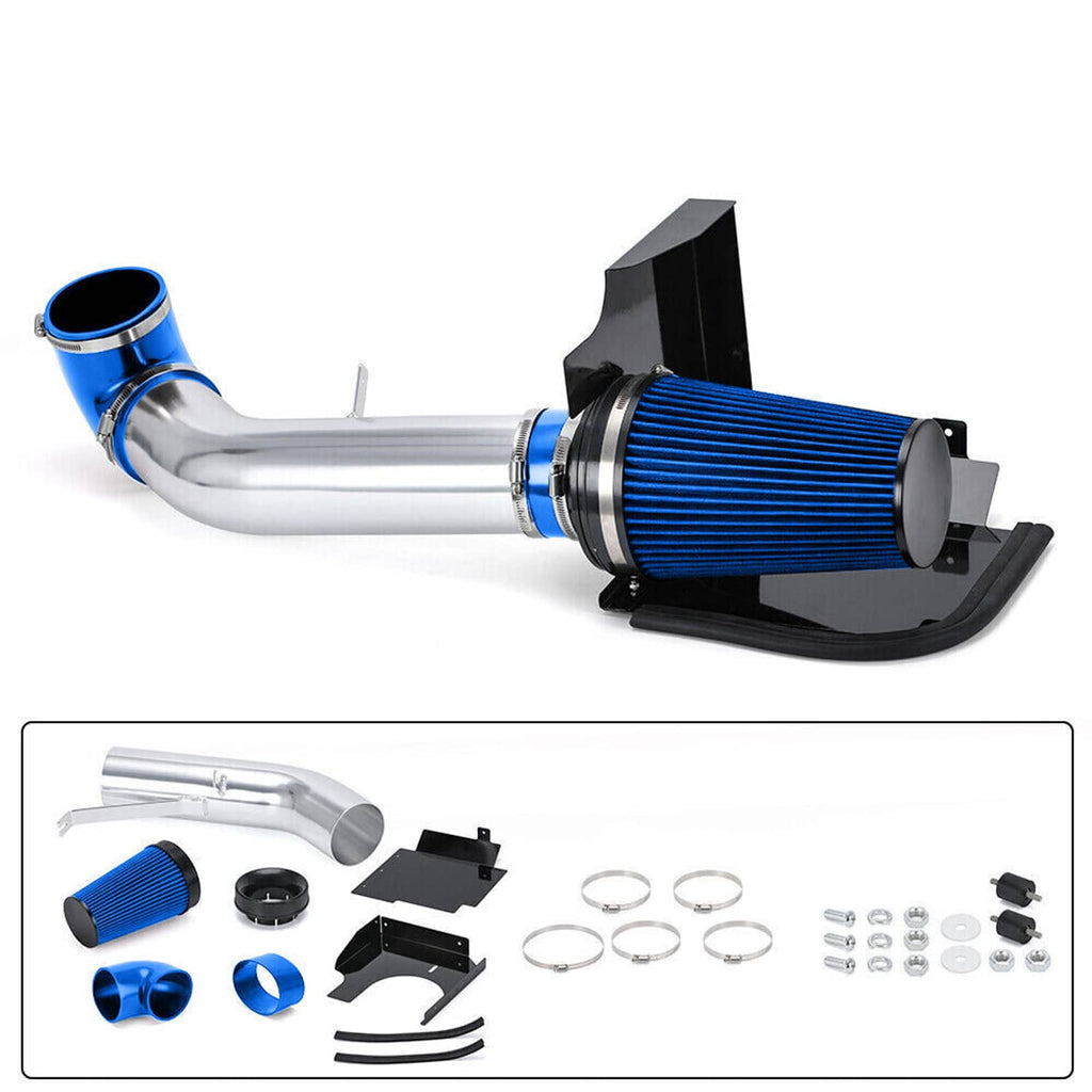 Blue cone air filter and silver intake piping with included kit parts and hardware.