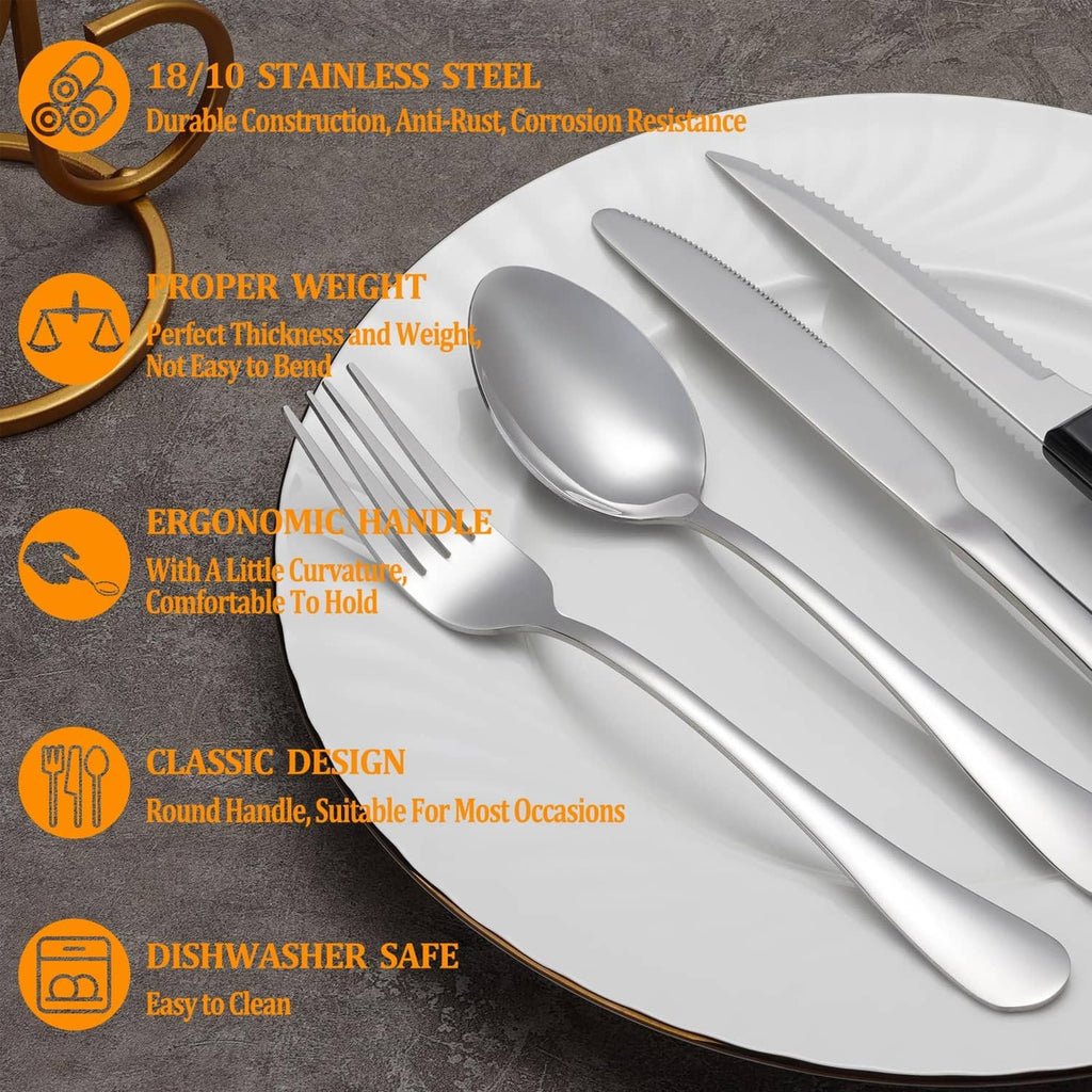 Stainless steel steak knives with dark handles and polished blades, with matching spoons