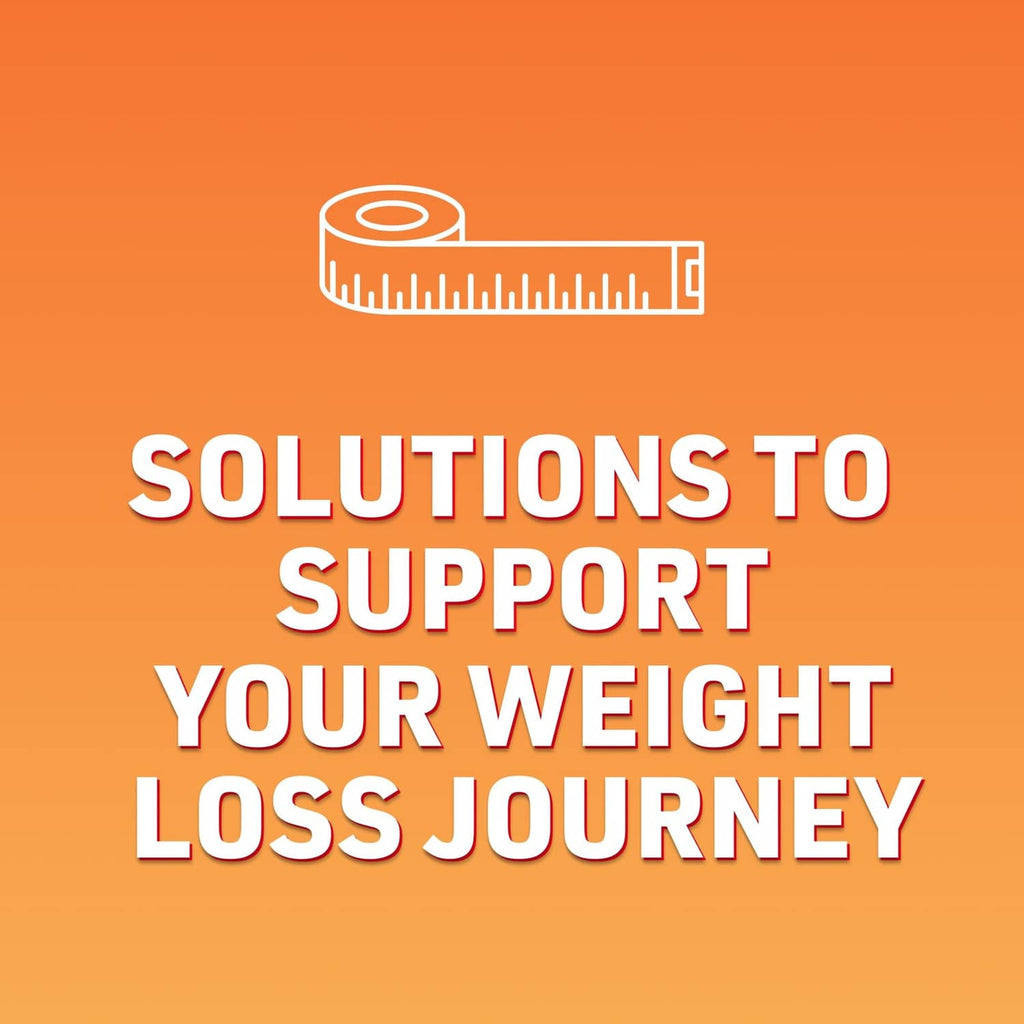 Promotional orange panel about weight-loss support with a measuring tape icon