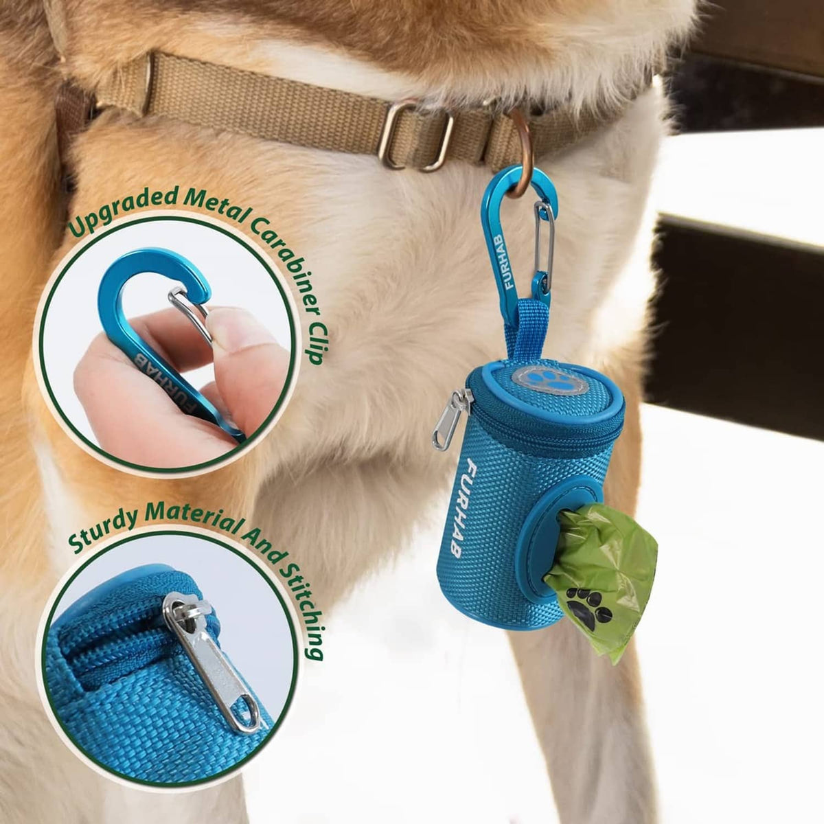 Sky blue leash-mounted poop bag holder with carabiner clip and green waste bag