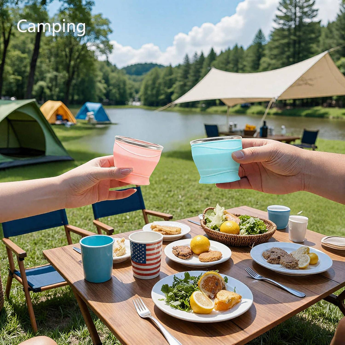 Pink and blue silicone collapsible travel cups, held for camping drinks