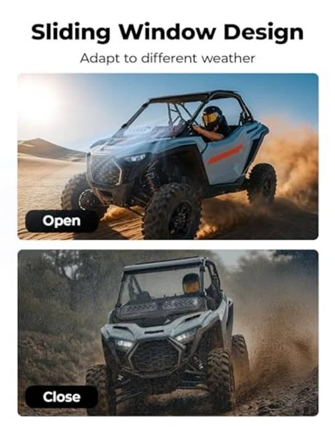 Sliding vent window design on UTV windshield, shown open and closed