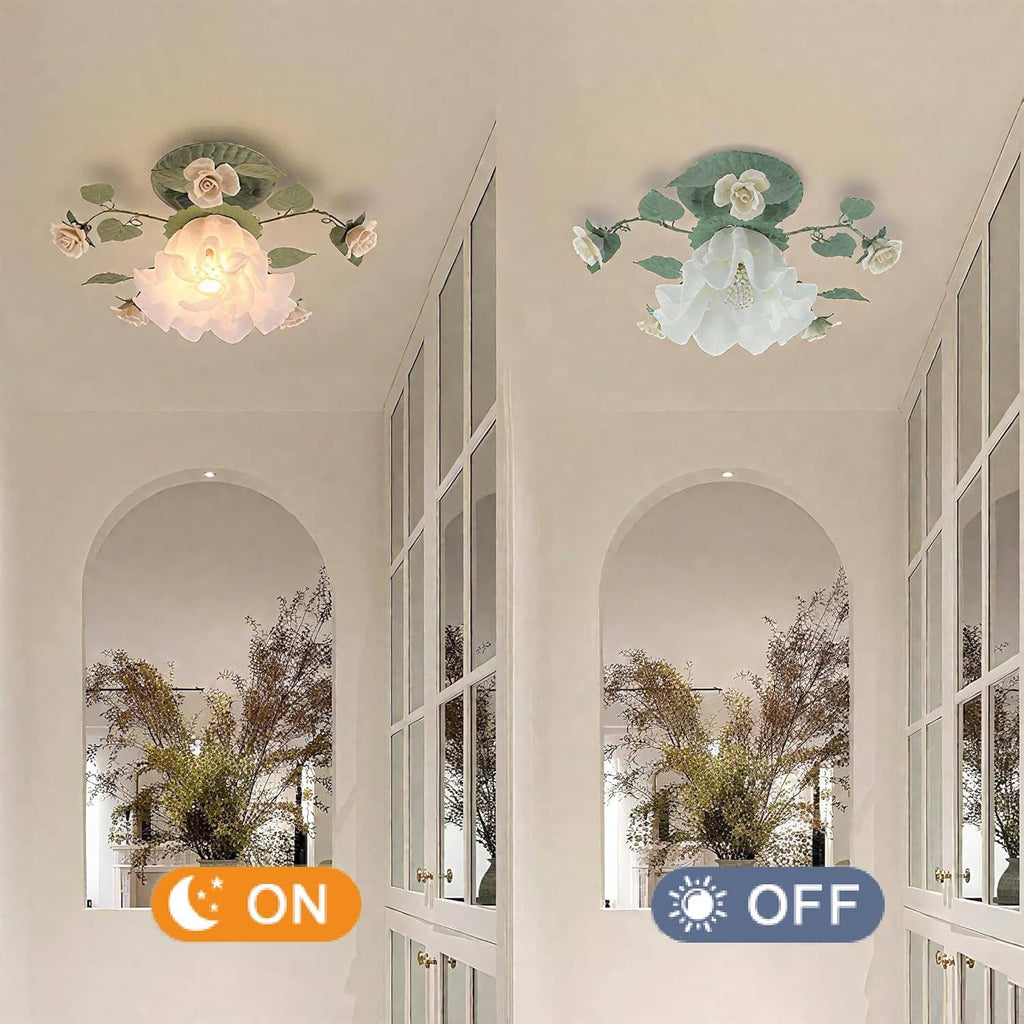 Floral semi-flush ceiling light set with green leaf frames and white glass rose shades