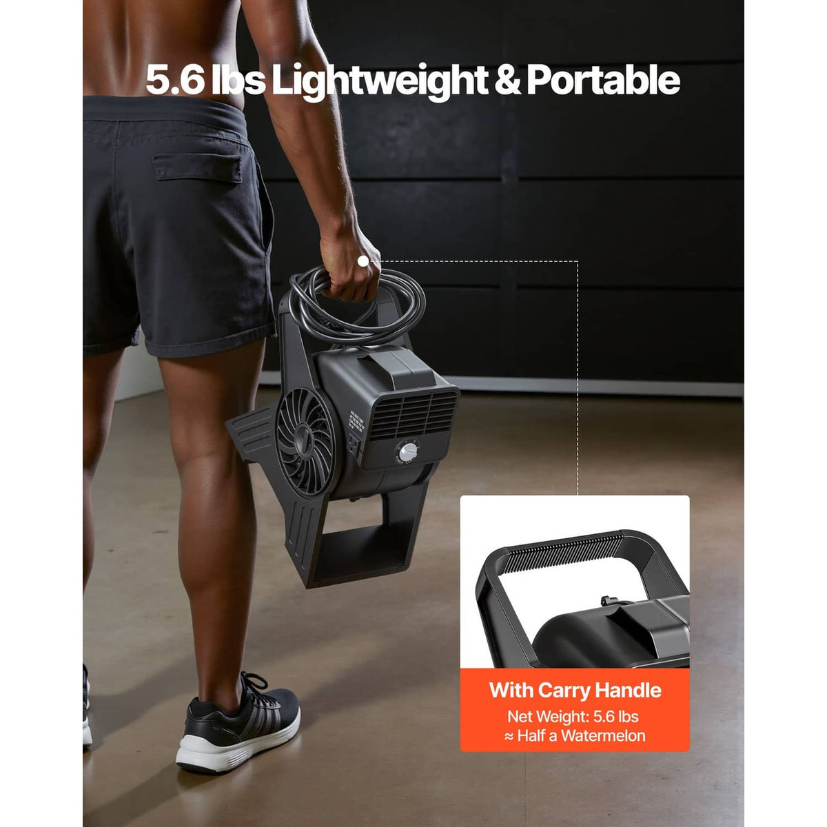 Portable utility fan with carry handle, held by a person, black compact fan