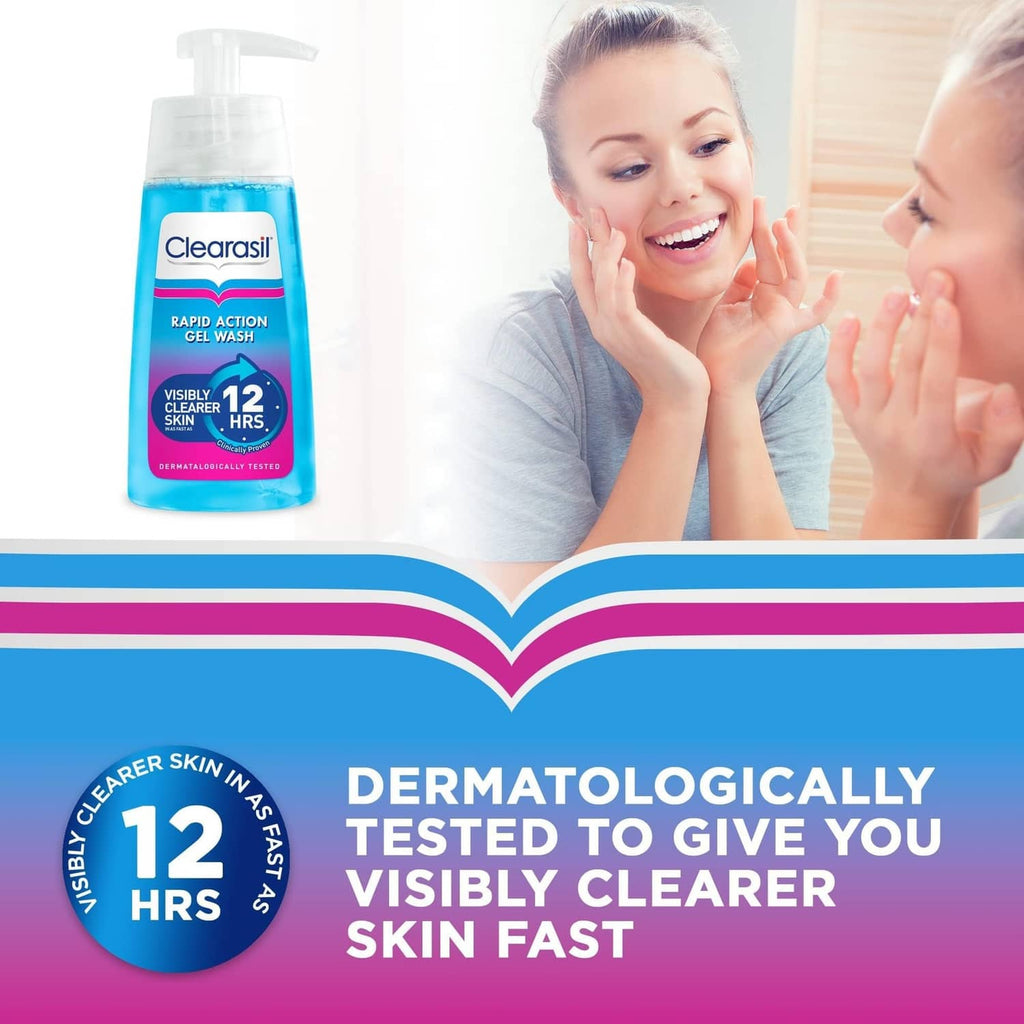 Clearasil Rapid Action Gel Wash pump bottle, clear pump and turquoise bottle label