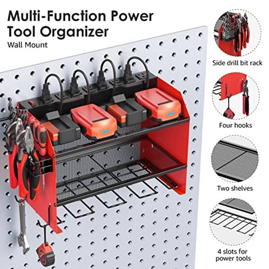 Red and black multi-function power tool organizer panel with four hooks and two shelves