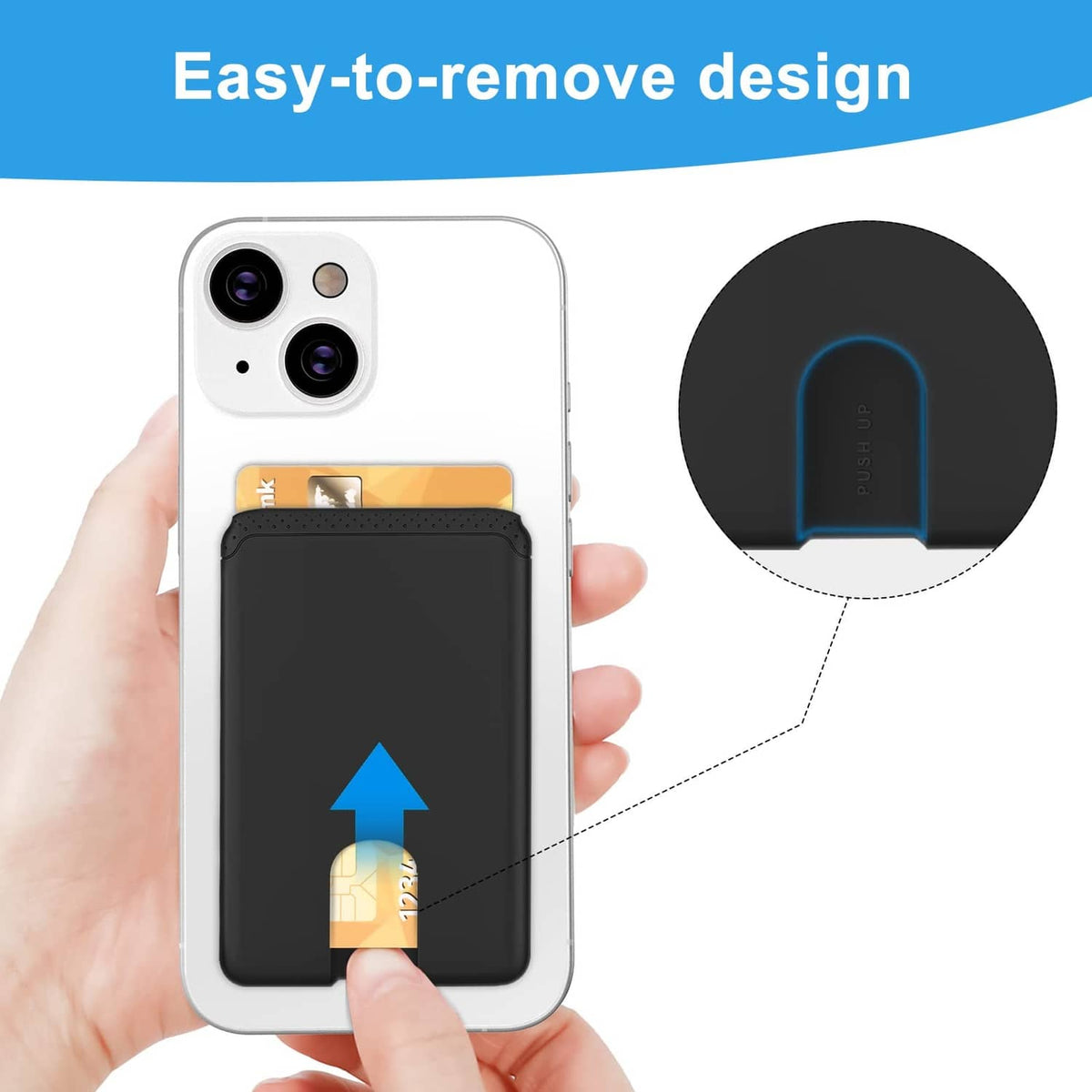Black stick-on phone card wallet with adhesive backing detail