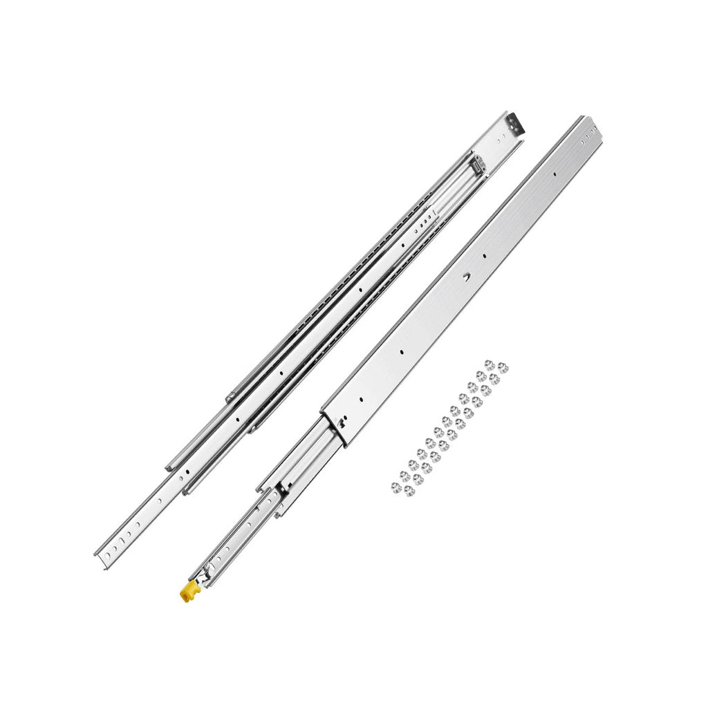 Full-extension drawer slide pair, silver steel rails with ball-bearing tracks and screws