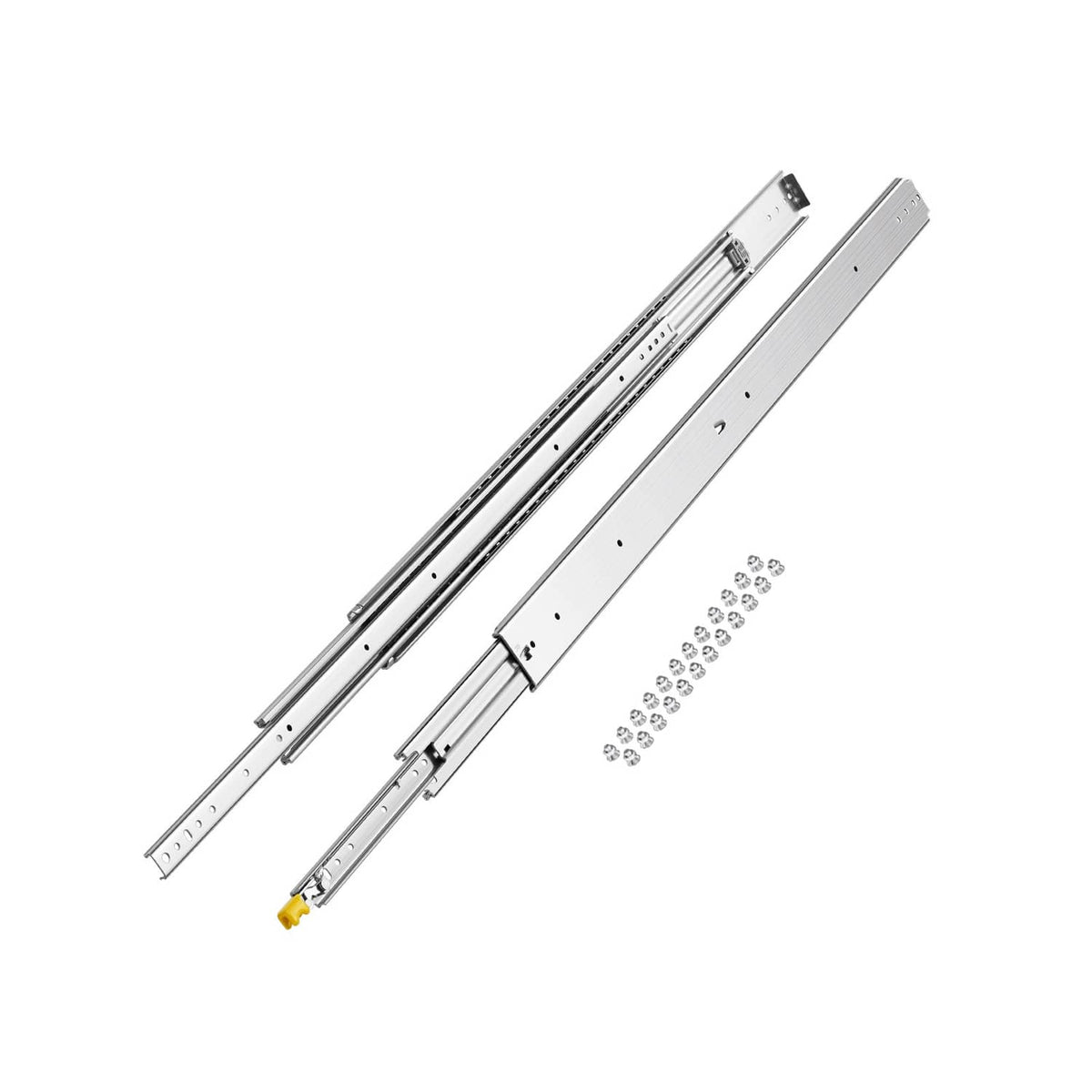 Full-extension drawer slide pair, silver steel rails with ball-bearing tracks and screws