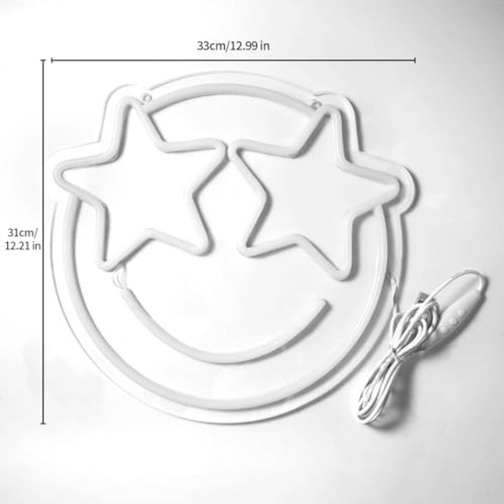 White LED neon smiley face with two stars, clear hanging chain and cable