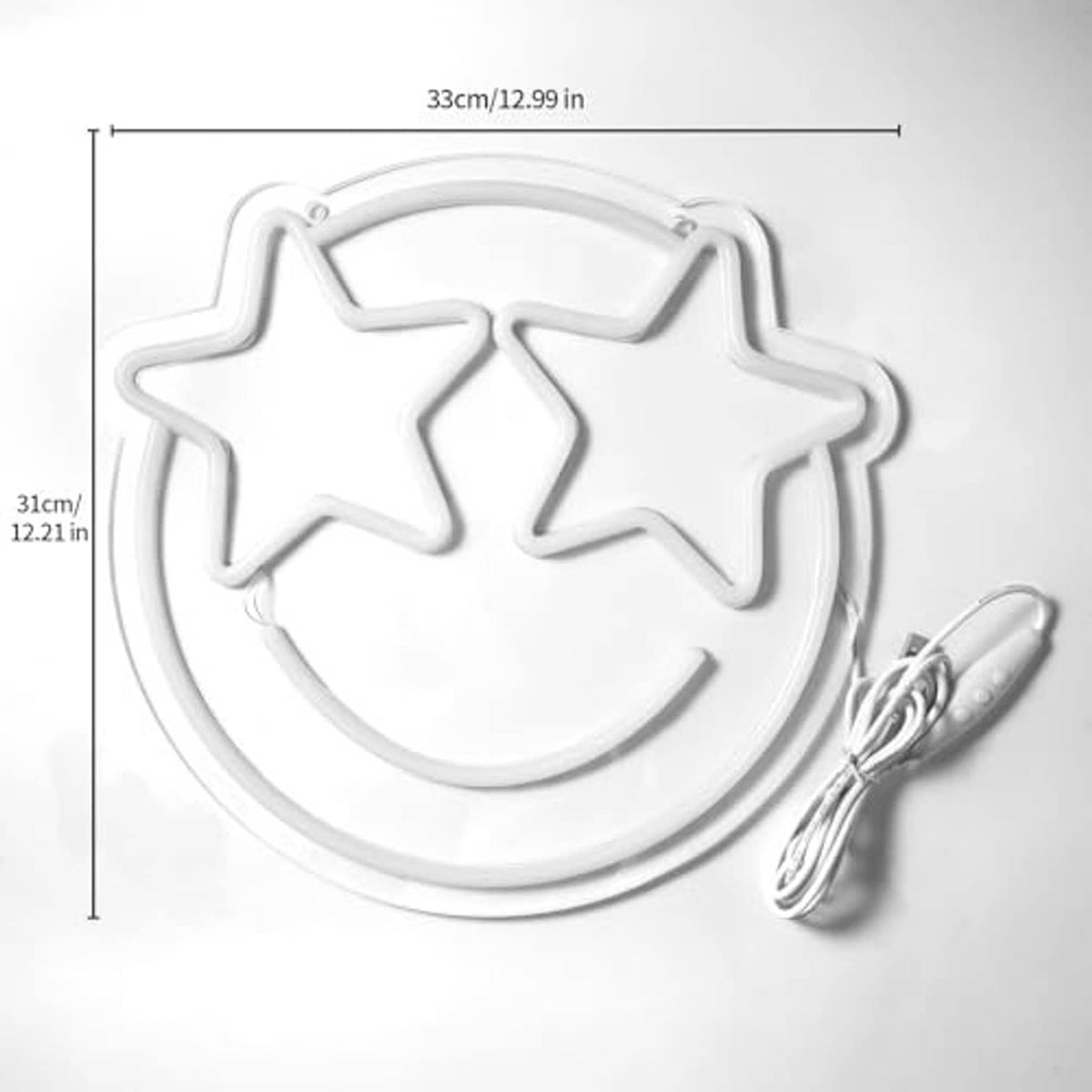 White LED neon smiley face with two stars, clear hanging chain and cable