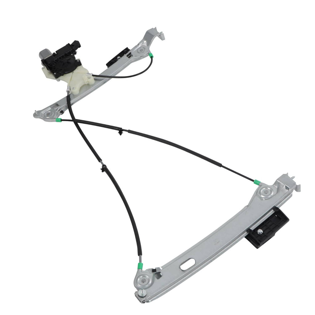 Power window regulator with black connectors, green cable clips, and silver window track