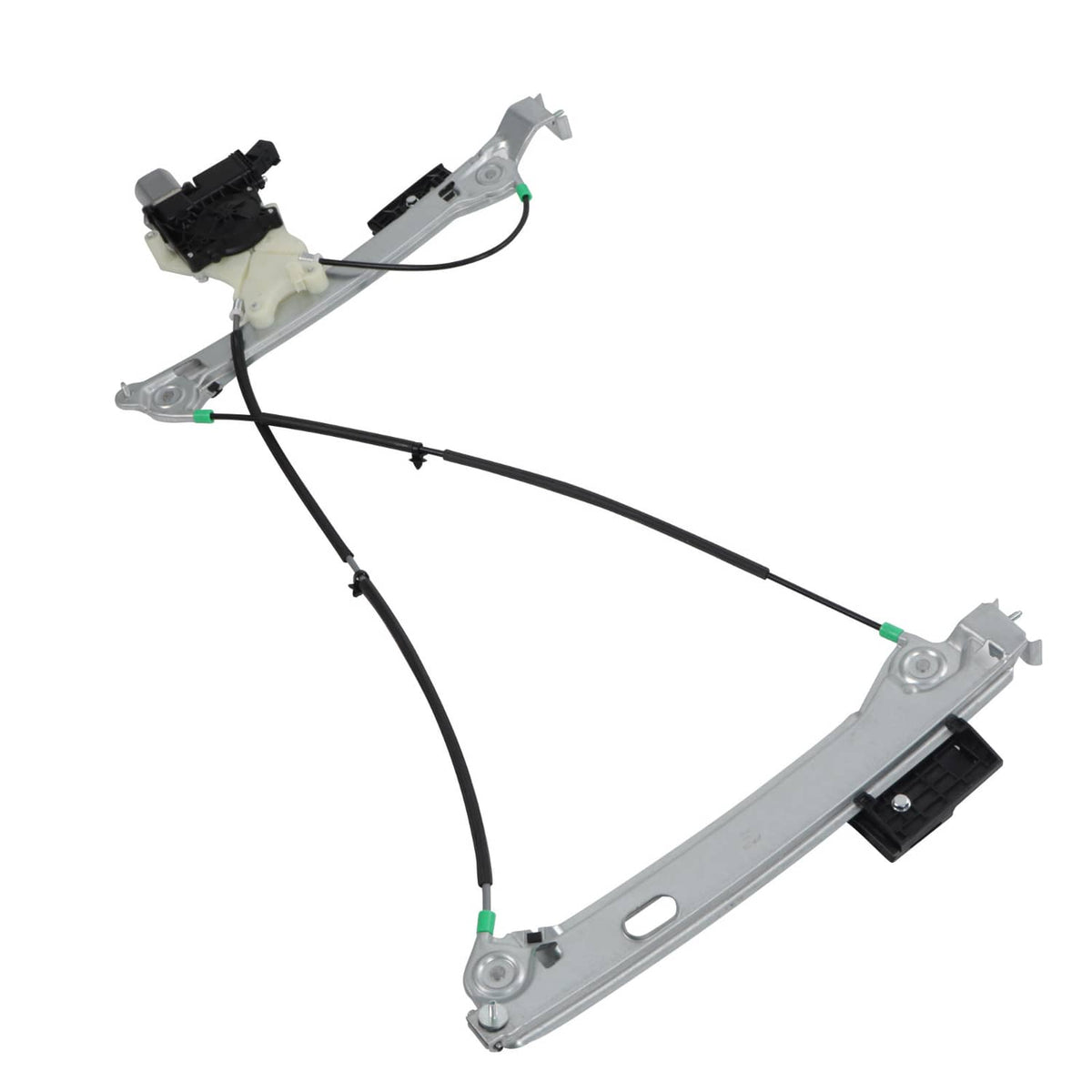 Power window regulator with black connectors, green cable clips, and silver window track