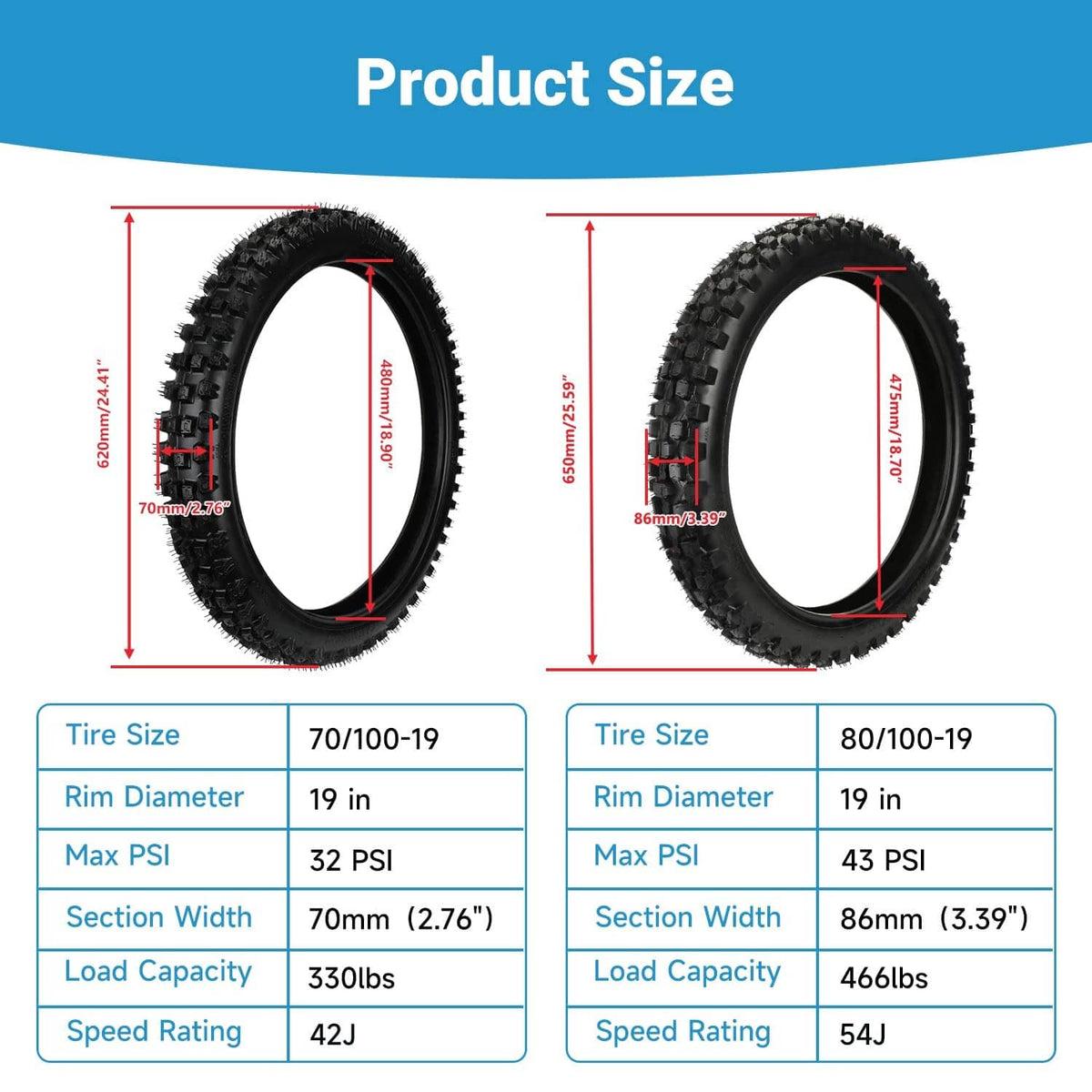 Inner tube size chart showing 70/100-19 and 80/100-19, 19 in rim diameter