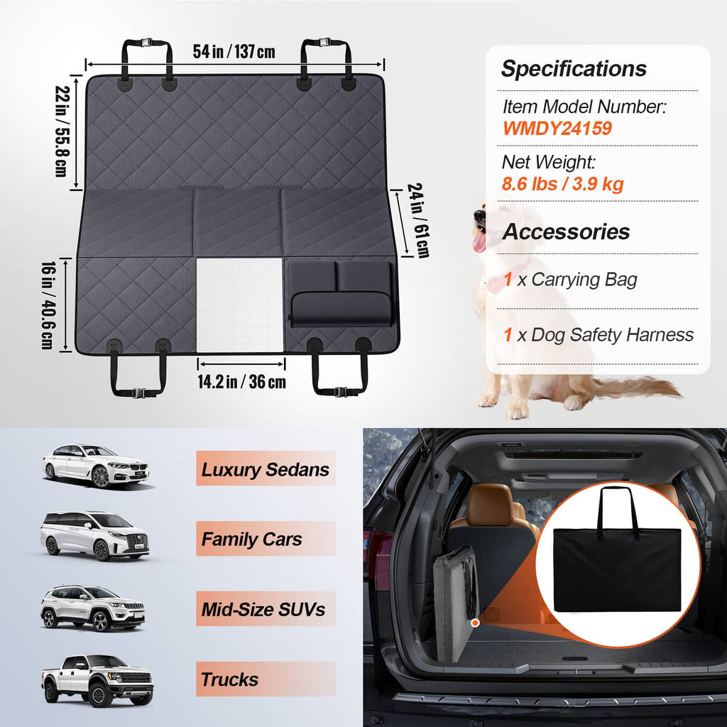 Dog car back seat cover size diagram 54 x 24 in with carrying bag and harness
