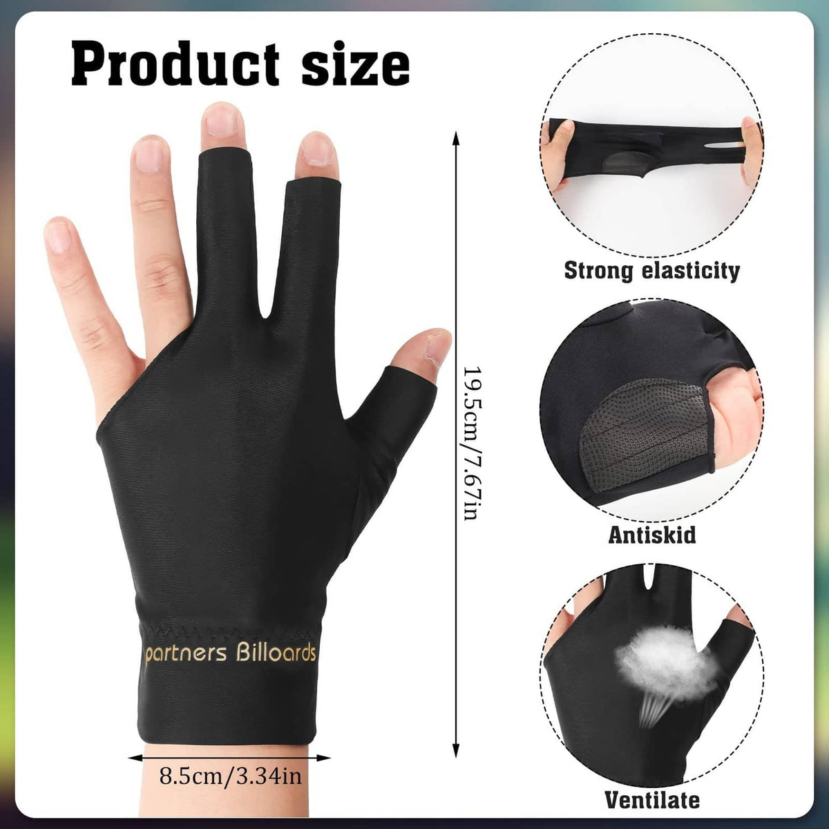 Black fingerless pool glove with open fingers and textured, anti-slip palm