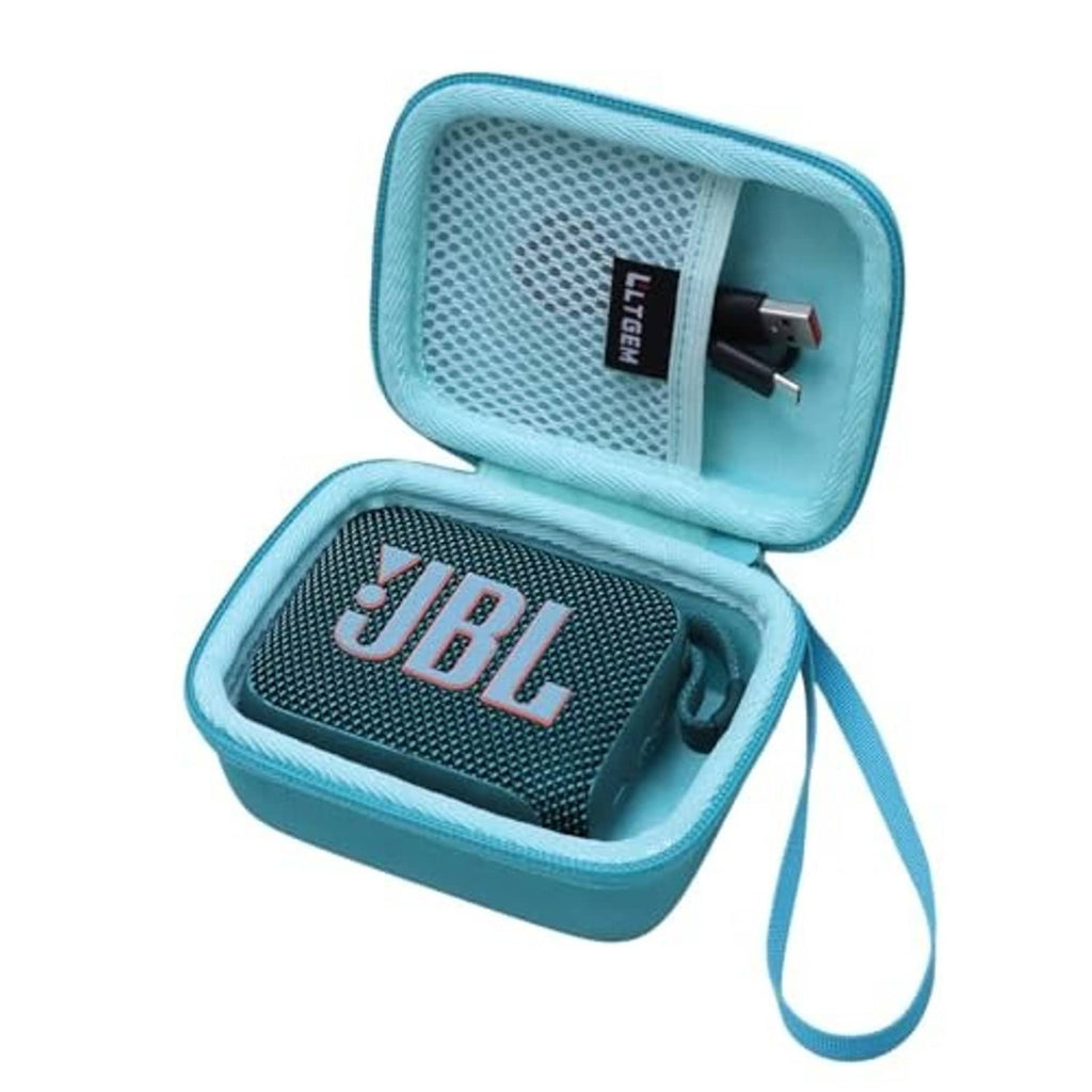 Teal zippered speaker case showing speaker insert and cable port, open