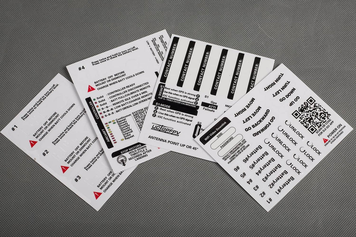 Sheet of small printed instruction and safety decal stickers