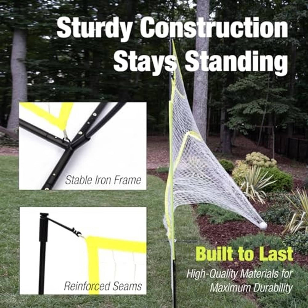 Freestanding baseball backstop net with stable iron bow frame and white mesh