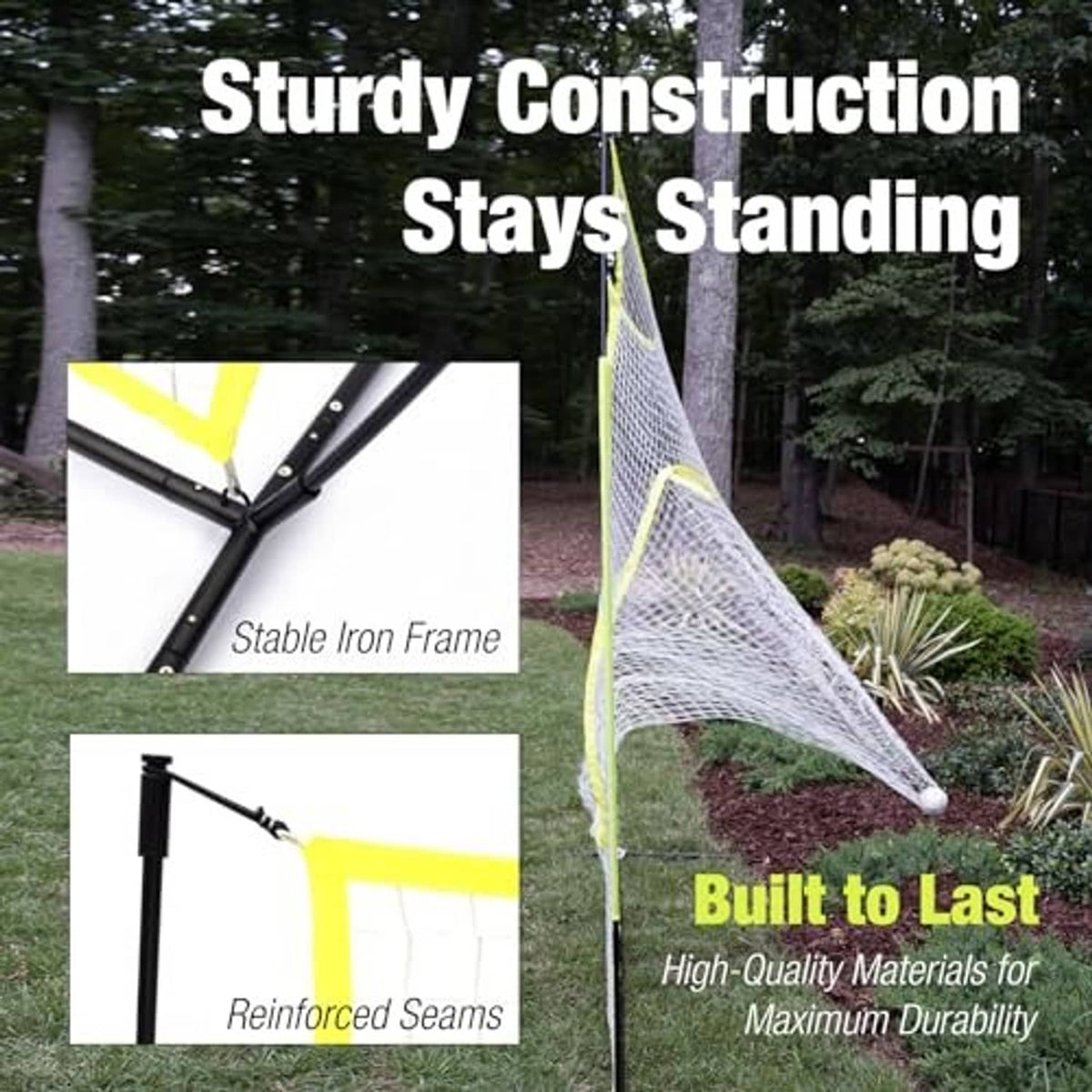 Freestanding baseball backstop net with stable iron bow frame and white mesh