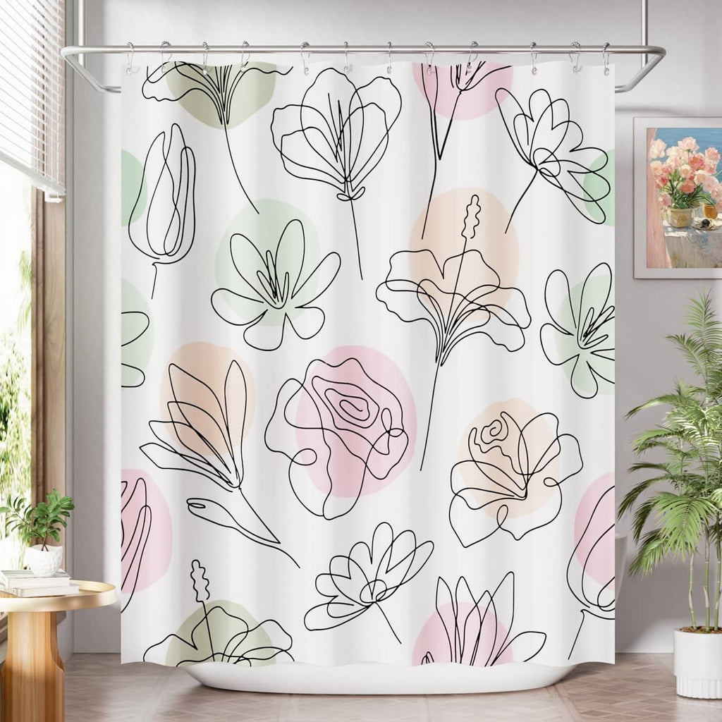 Floral shower curtain with pastel rose, flower, and leaf outlines on white fabric