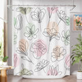 Floral shower curtain with pastel rose, flower, and leaf outlines on white fabric