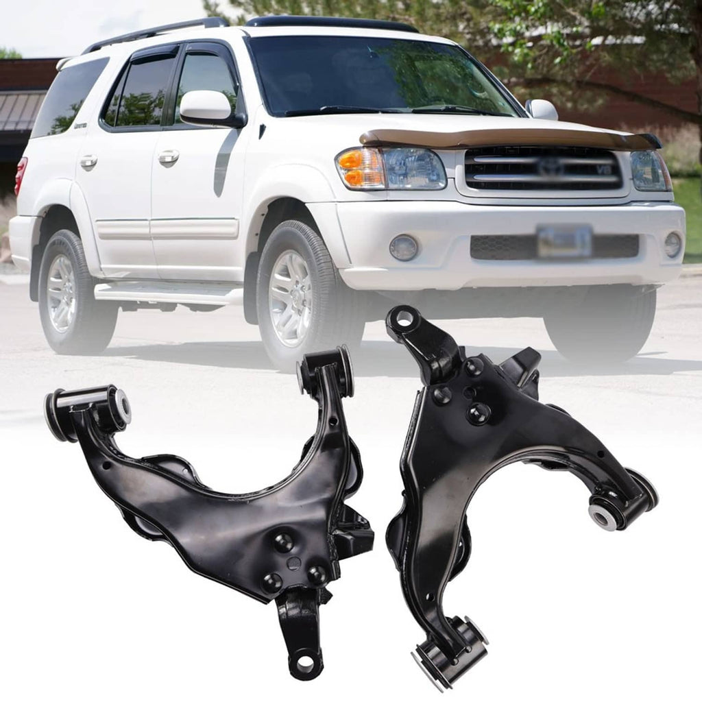 Front lower control arm pair for a vehicle, black metal suspension components with bushings