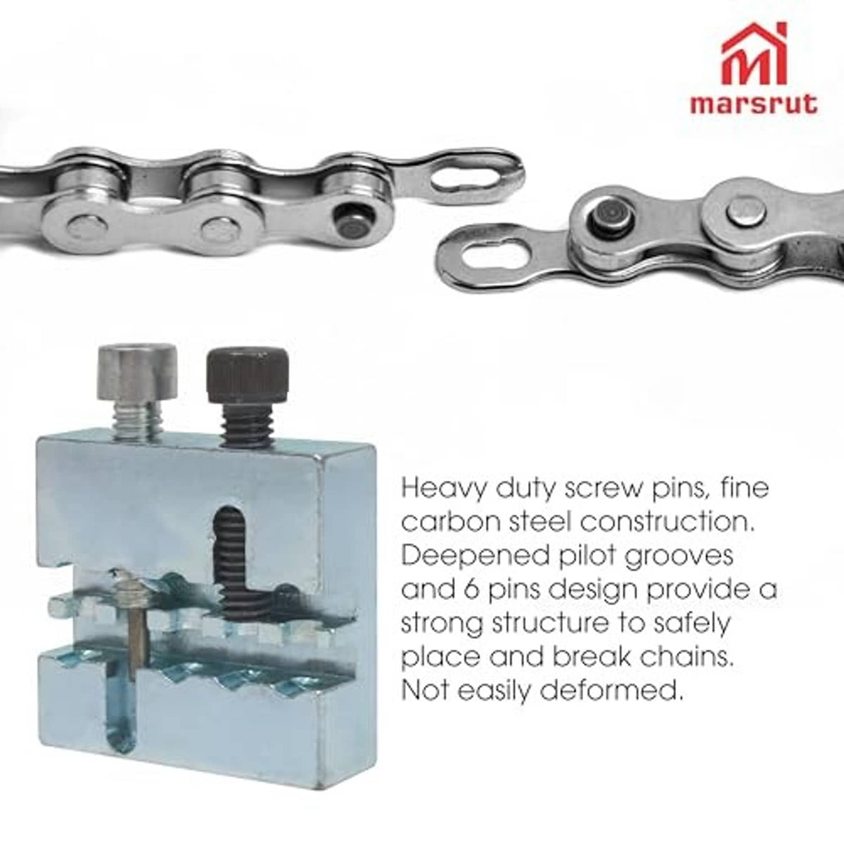 Chain breaker tool and chain pin press base with spare screws and roller chain links
