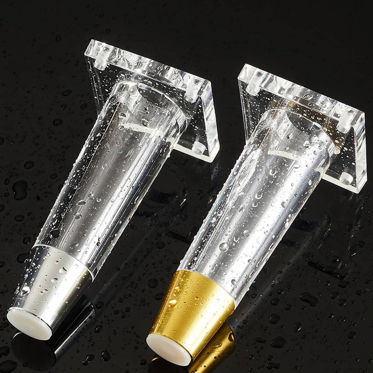 Clear acrylic cabinet/table legs with gold bottom sleeve, water-splash shown