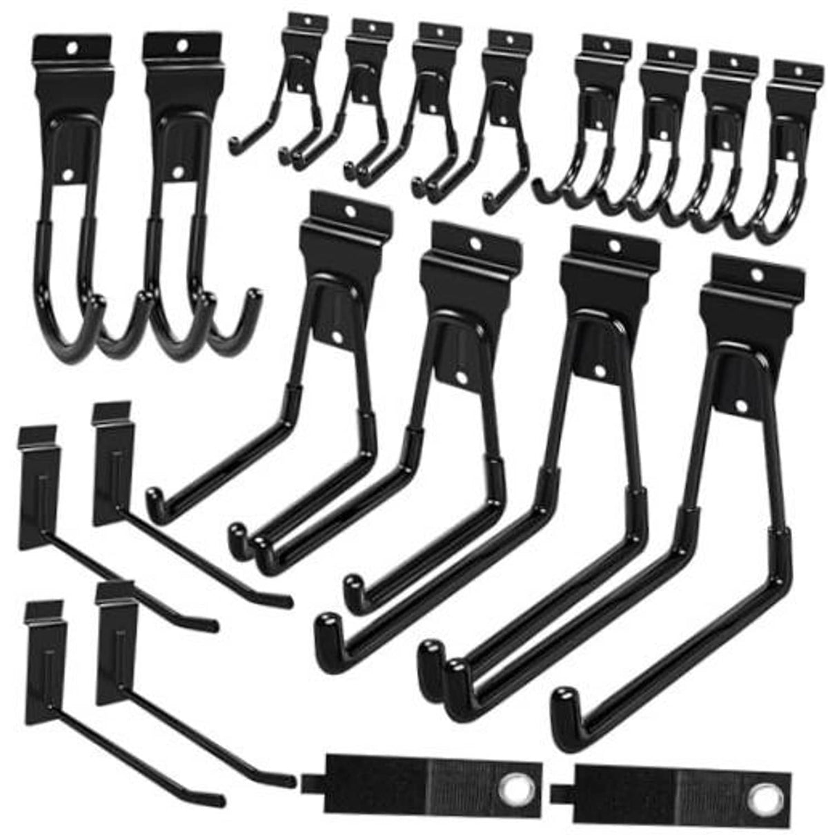 Black metal slatwall hooks set with curved arms and mounting plates, 20-pack