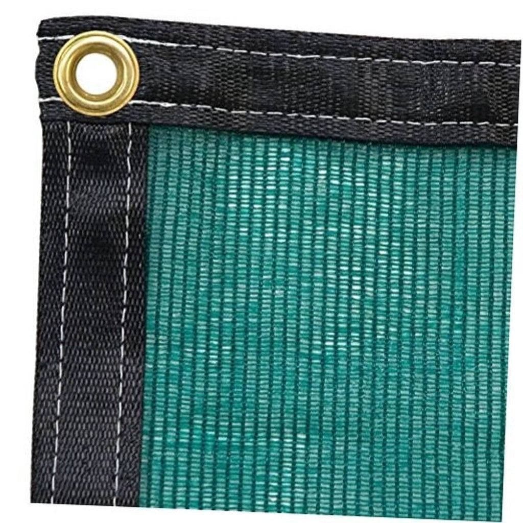 Teal shade cloth panel with black border and brass grommet eyelet