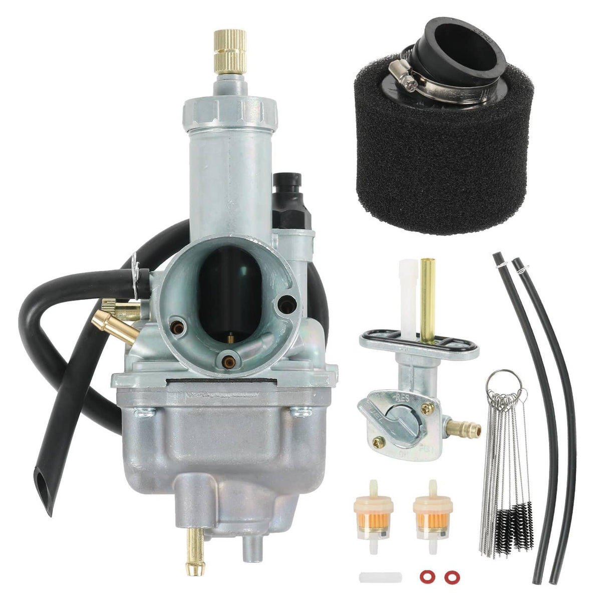 Carburetor assembly with air filter, hoses, and mounting parts
