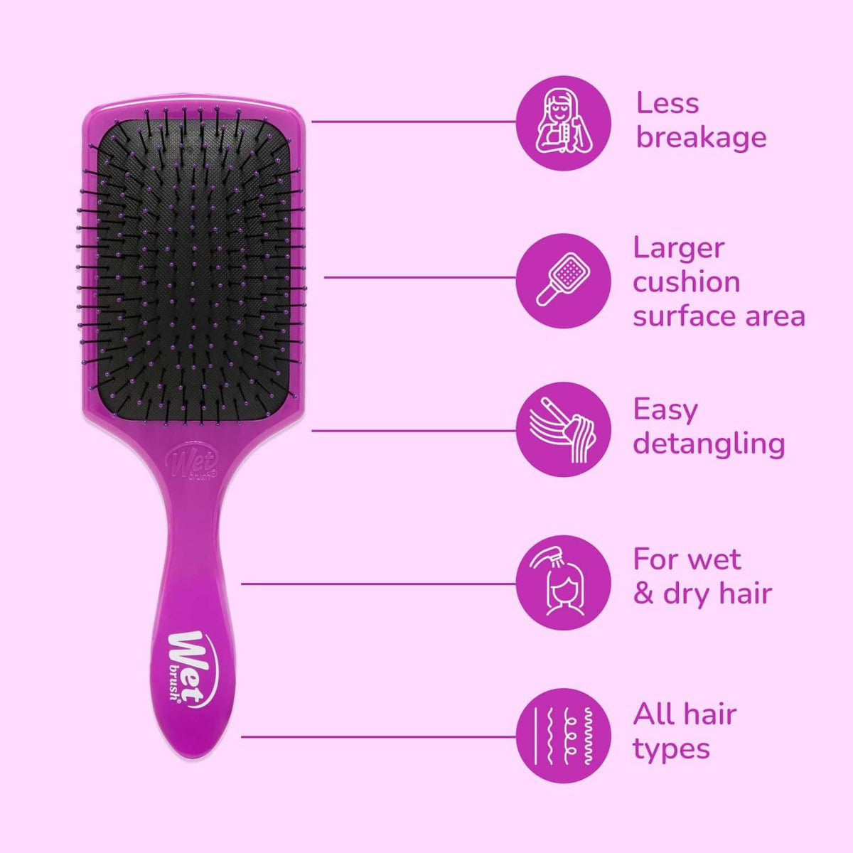 Purple paddle detangler hair brush with black bristle cushion pad