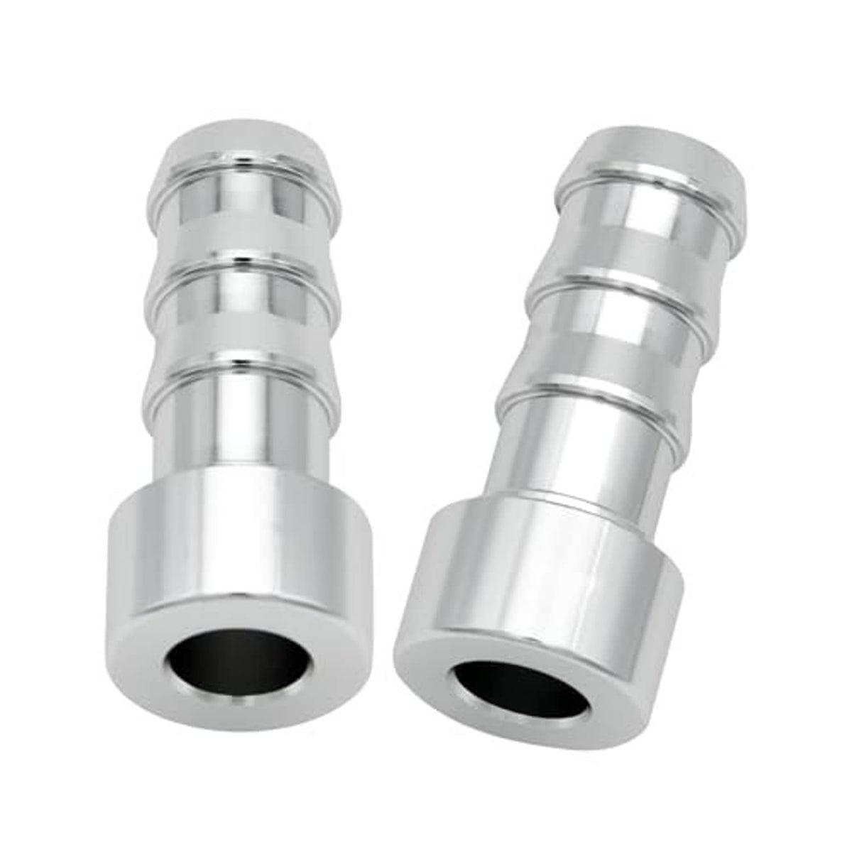 Metal hose barb tail nipple adapter with flange, chrome finish, angled view