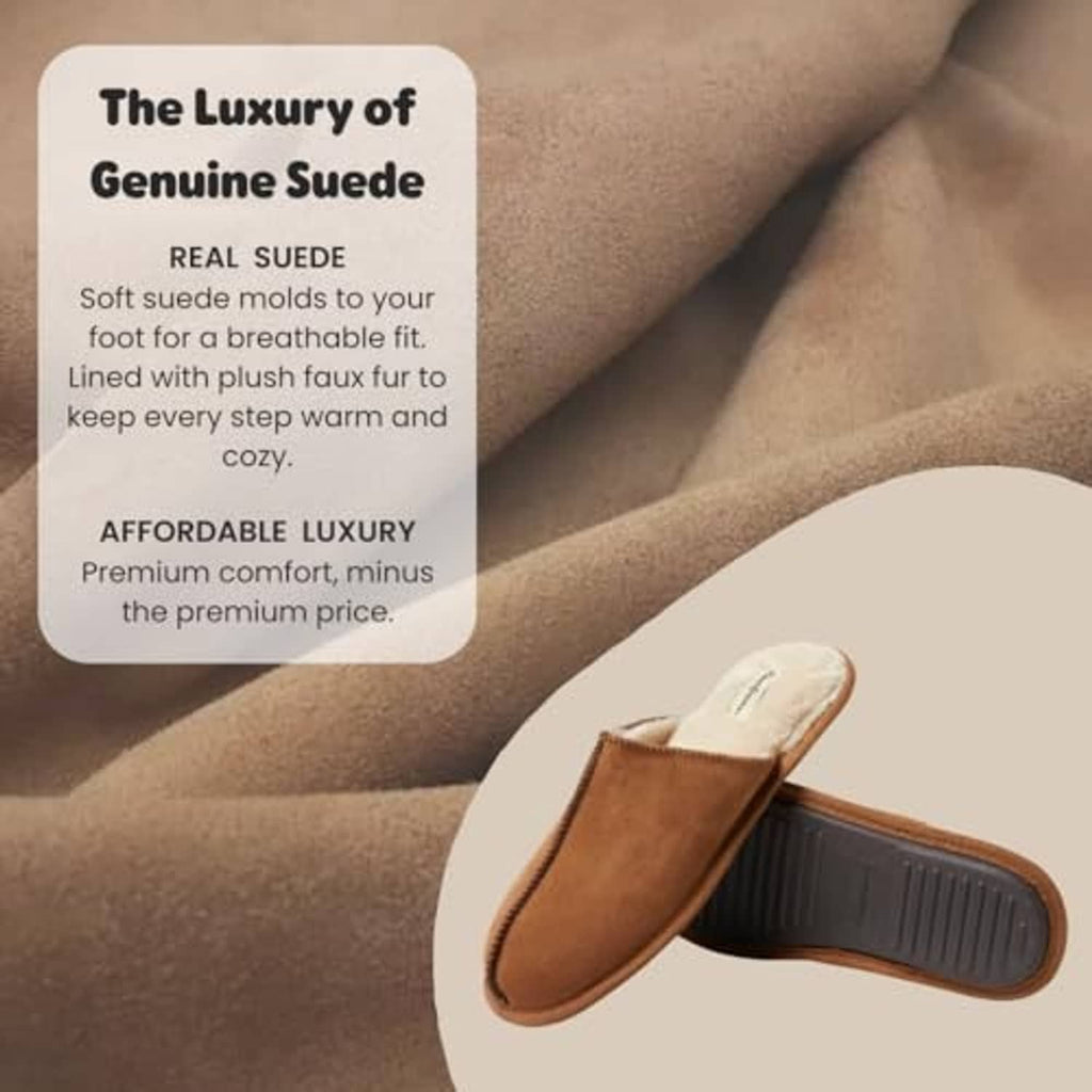 Chestnut suede scuff slipper with plush lining and stitched moc-style seam