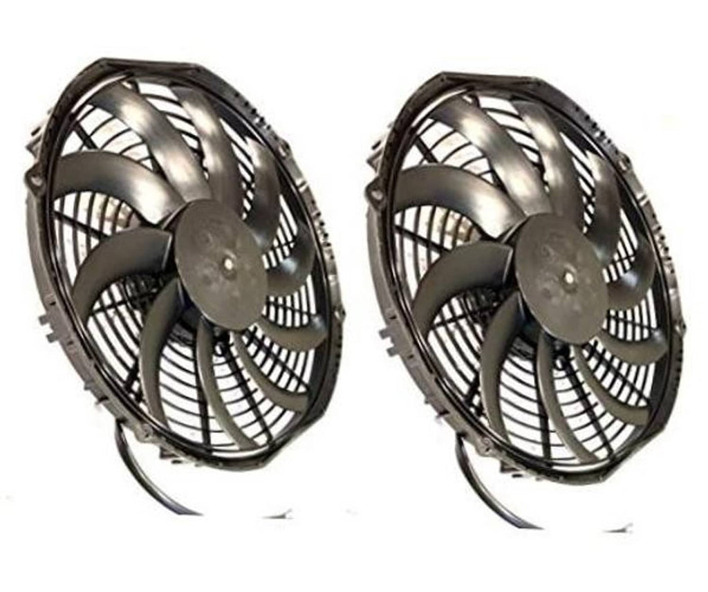 12V 12-inch puller fan with curved metal blades and black mounting frame, twin pack style