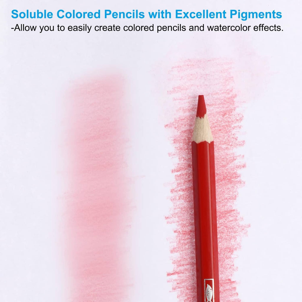Red water-soluble watercolor pencil with pigment swatch effect on paper