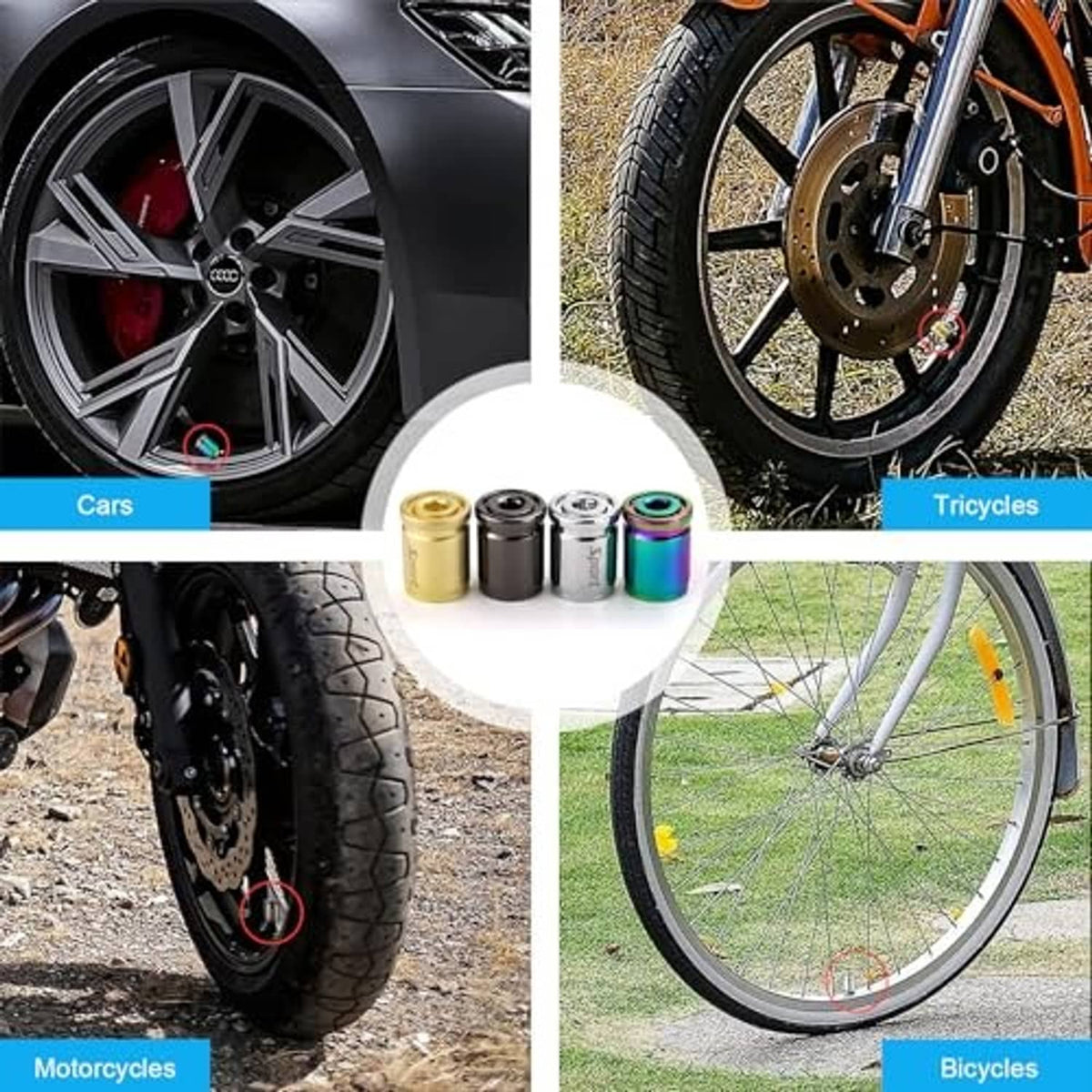 Locking tire valve stem caps shown for cars, motorcycles, and bicycles with black styling