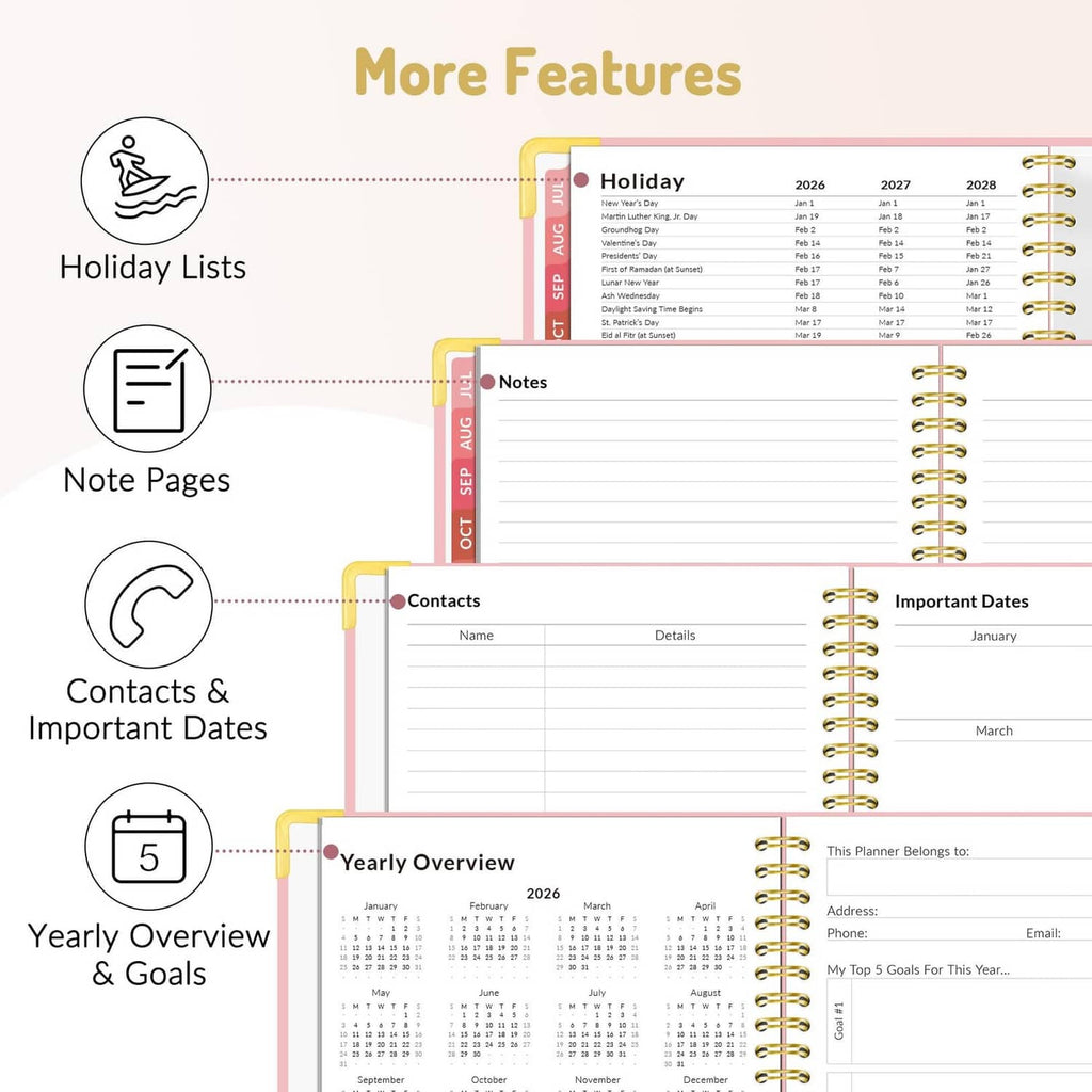 Academic planner interior features overview: holiday lists, notes, contacts, and goals