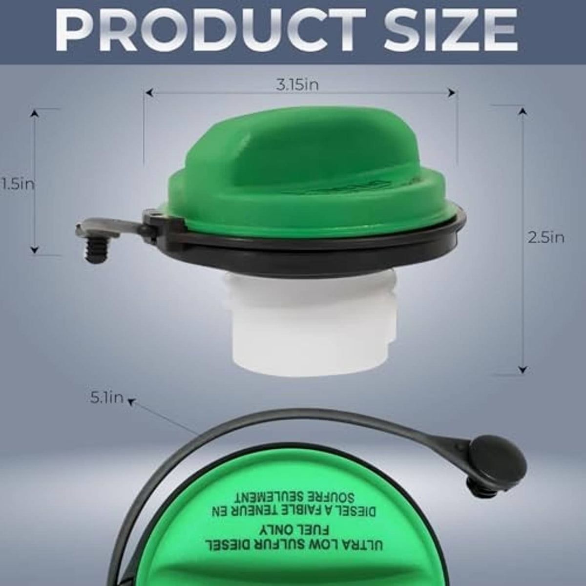 Green diesel fuel cap with product size measurements diagram and tether cord