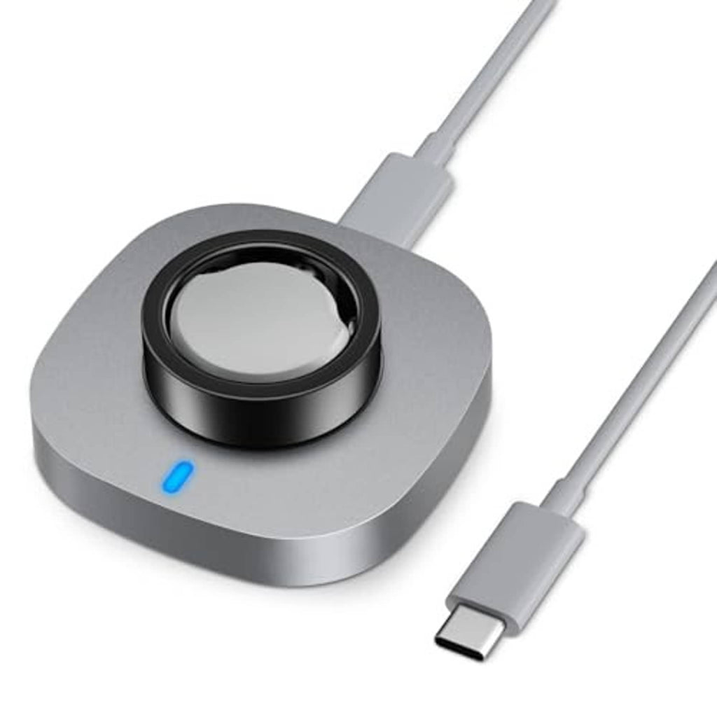 USB-C charging dock base with centered black ring and gray housing, blue status light
