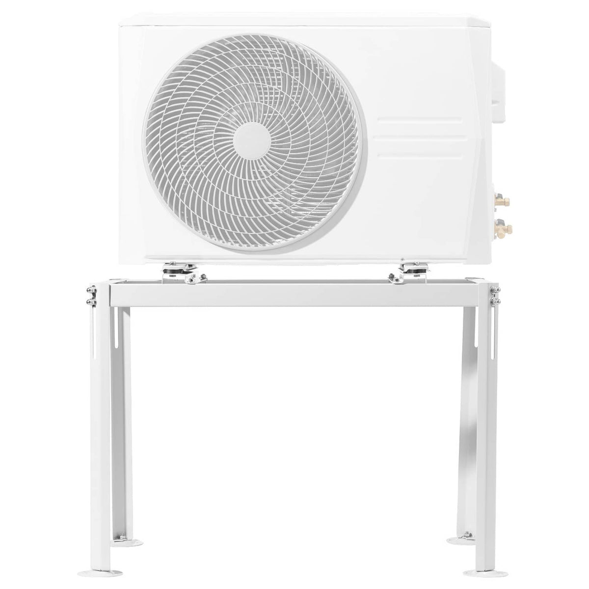 White mini split AC ground stand supporting an outdoor condenser with front fan