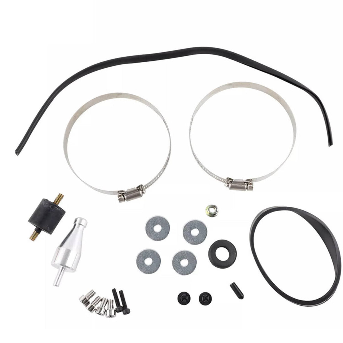Cold air intake kit hardware set: black hoses, clamps, rings, and small fittings.