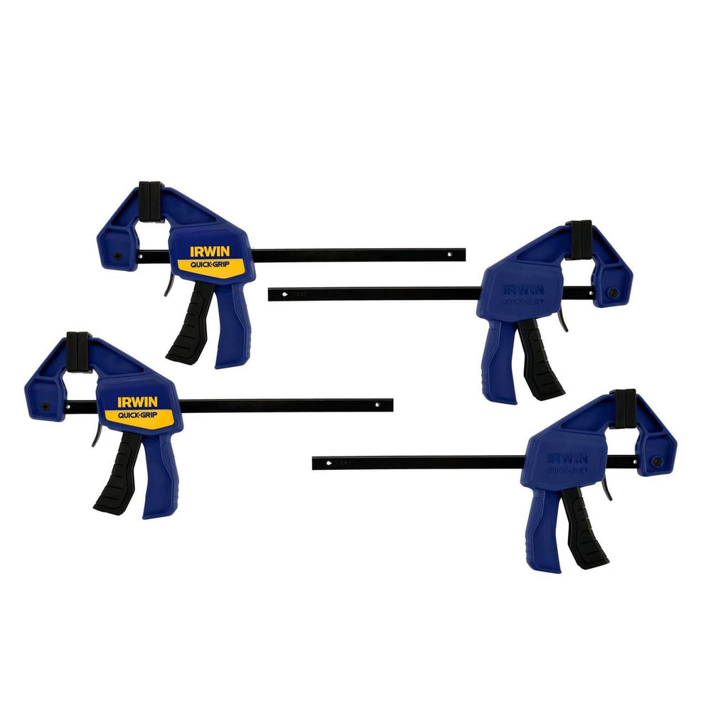 Four blue one-handed mini bar clamps with black bars, angled layout