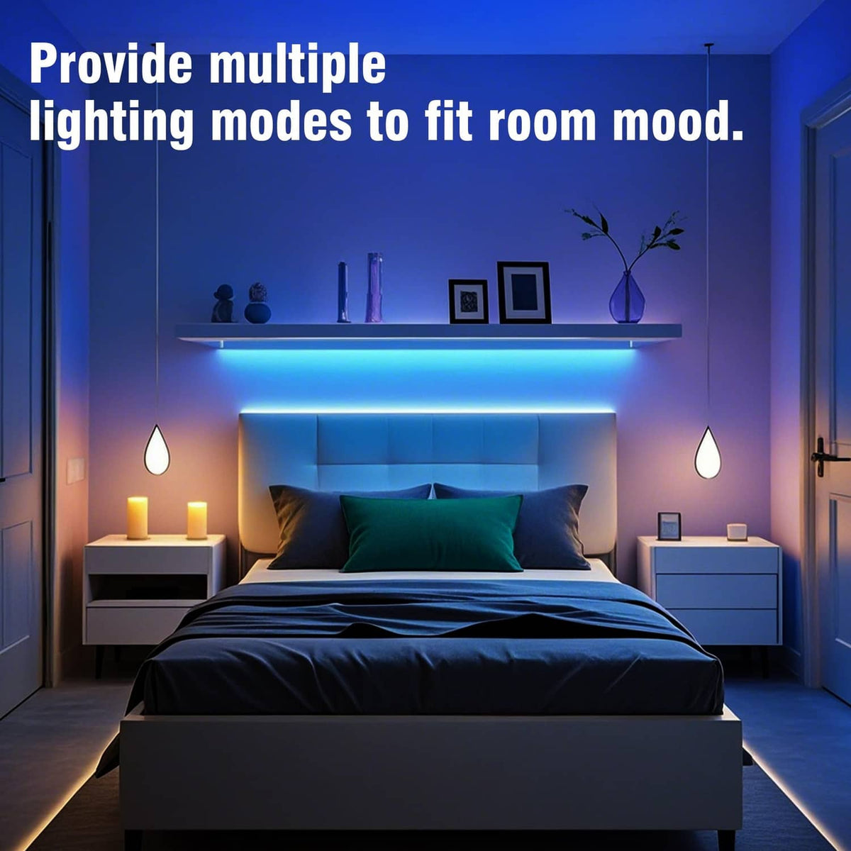 RGB LED strip light under a bed, blue accent lighting