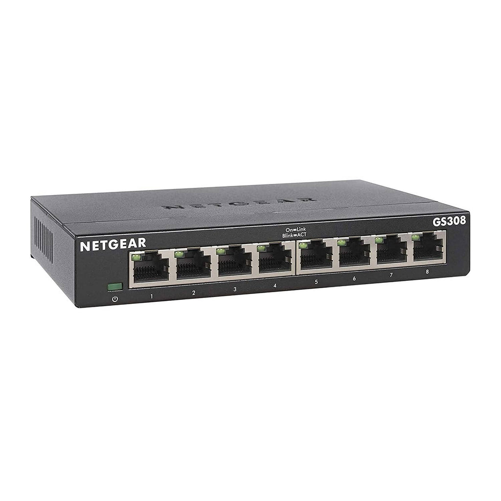 8-port gigabit Ethernet unmanaged switch with 8 RJ-45 ports and LED status lights