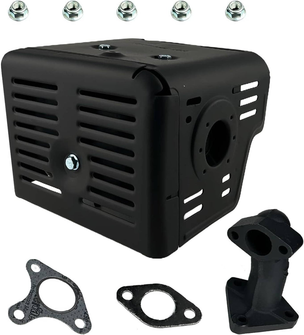Black muffler silencer assembly with exhaust manifold pipe and mounting gaskets